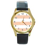 Horizontal Stripes - White and Apricot Orange Round Gold Metal Watch