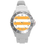 Horizontal Stripes - White and Pastel Orange Round Plastic Sport Watch (L)