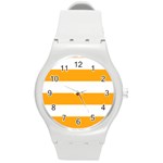 Horizontal Stripes - White and Dark Tangerine Orange Round Plastic Sport Watch (M)