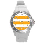 Horizontal Stripes - White and Dark Tangerine Orange Round Plastic Sport Watch (L)