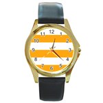 Horizontal Stripes - White and Dark Tangerine Orange Round Gold Metal Watch