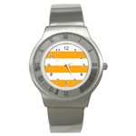 Horizontal Stripes - White and Dark Tangerine Orange Stainless Steel Watch