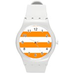 Horizontal Stripes - White and Dark Orange Round Plastic Sport Watch (M)