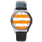 Horizontal Stripes - White and Dark Orange Round Metal Watch