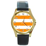 Horizontal Stripes - White and Dark Orange Round Gold Metal Watch