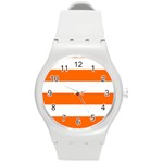 Horizontal Stripes - White and Safety Orange Round Plastic Sport Watch (M)