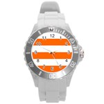 Horizontal Stripes - White and Safety Orange Round Plastic Sport Watch (L)