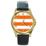 Horizontal Stripes - White and Safety Orange Round Gold Metal Watch