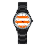 Horizontal Stripes - White and Safety Orange Stainless Steel Round Watch