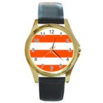 Horizontal Stripes - White and Tangelo Orange Round Gold Metal Watch