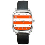 Horizontal Stripes - White and Tangelo Orange Square Metal Watch