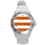 Horizontal Stripes - White and Burnt Orange Round Plastic Sport Watch (L)