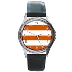 Horizontal Stripes - White and Burnt Orange Round Metal Watch