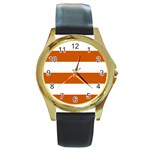 Horizontal Stripes - White and Burnt Orange Round Gold Metal Watch