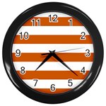 Horizontal Stripes - White and Burnt Orange Wall Clock (Black)