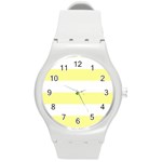 Horizontal Stripes - White and Pastel Yellow Round Plastic Sport Watch (M)