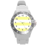 Horizontal Stripes - White and Pastel Yellow Round Plastic Sport Watch (L)