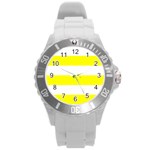 Horizontal Stripes - White and Yellow Round Plastic Sport Watch (L)