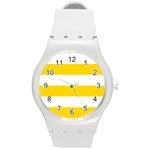 Horizontal Stripes - White and Gold Yellow Round Plastic Sport Watch (M)