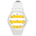 Horizontal Stripes - White and Banana Yellow Round Plastic Sport Watch (M)