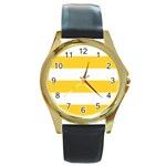 Horizontal Stripes - White and Banana Yellow Round Gold Metal Watch