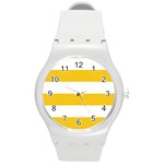 Horizontal Stripes - White and Deep Lemon Yellow Round Plastic Sport Watch (M)