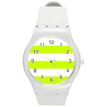 Horizontal Stripes - White and Fluorescent Yellow Round Plastic Sport Watch (M)