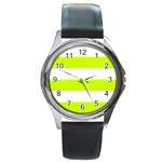 Horizontal Stripes - White and Fluorescent Yellow Round Metal Watch