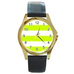 Horizontal Stripes - White and Fluorescent Yellow Round Gold Metal Watch