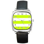 Horizontal Stripes - White and Fluorescent Yellow Square Metal Watch