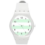Horizontal Stripes - White and Pastel Green Round Plastic Sport Watch (M)