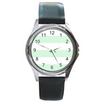 Horizontal Stripes - White and Pastel Green Round Metal Watch