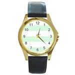Horizontal Stripes - White and Pastel Green Round Gold Metal Watch