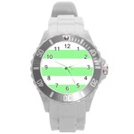 Horizontal Stripes - White and Light Green Round Plastic Sport Watch (L)
