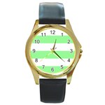 Horizontal Stripes - White and Light Green Round Gold Metal Watch