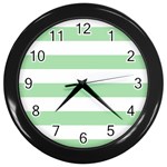 Horizontal Stripes - White and Celadon Green Wall Clock (Black)