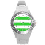 Horizontal Stripes - White and Lime Green Round Plastic Sport Watch (L)