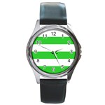 Horizontal Stripes - White and Lime Green Round Metal Watch