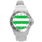 Horizontal Stripes - White and Dark Pastel Green Round Plastic Sport Watch (L)