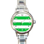 Horizontal Stripes - White and Dark Pastel Green Round Italian Charm Watch