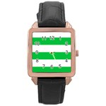 Horizontal Stripes - White and Dark Pastel Green Rose Gold Leather Watch