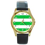 Horizontal Stripes - White and Dark Pastel Green Round Gold Metal Watch