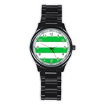 Horizontal Stripes - White and Dark Pastel Green Stainless Steel Round Watch