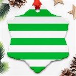 Horizontal Stripes - White and Dark Pastel Green Snowflake Ornament (Two Sides)