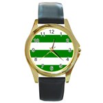 Horizontal Stripes - White and Green Round Gold Metal Watch