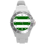 Horizontal Stripes - White and Dark Green Round Plastic Sport Watch (L)