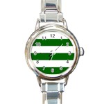 Horizontal Stripes - White and Dark Green Round Italian Charm Watch