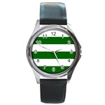 Horizontal Stripes - White and Dark Green Round Metal Watch