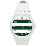 Horizontal Stripes - White and Forest Green Round Plastic Sport Watch (M)