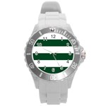 Horizontal Stripes - White and Forest Green Round Plastic Sport Watch (L)